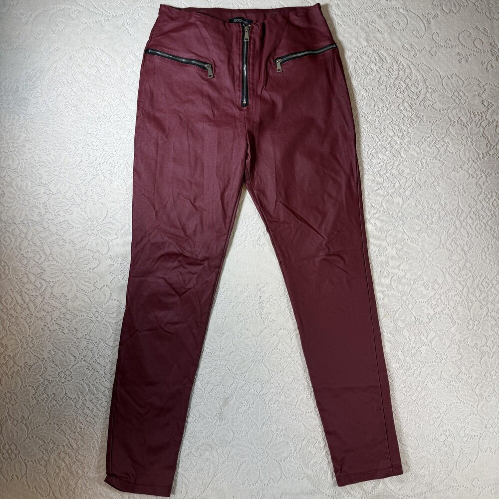 Boohoo Jegging Pants Womens 10 Red Coated High Rise Skinny Zip Pockets Italy